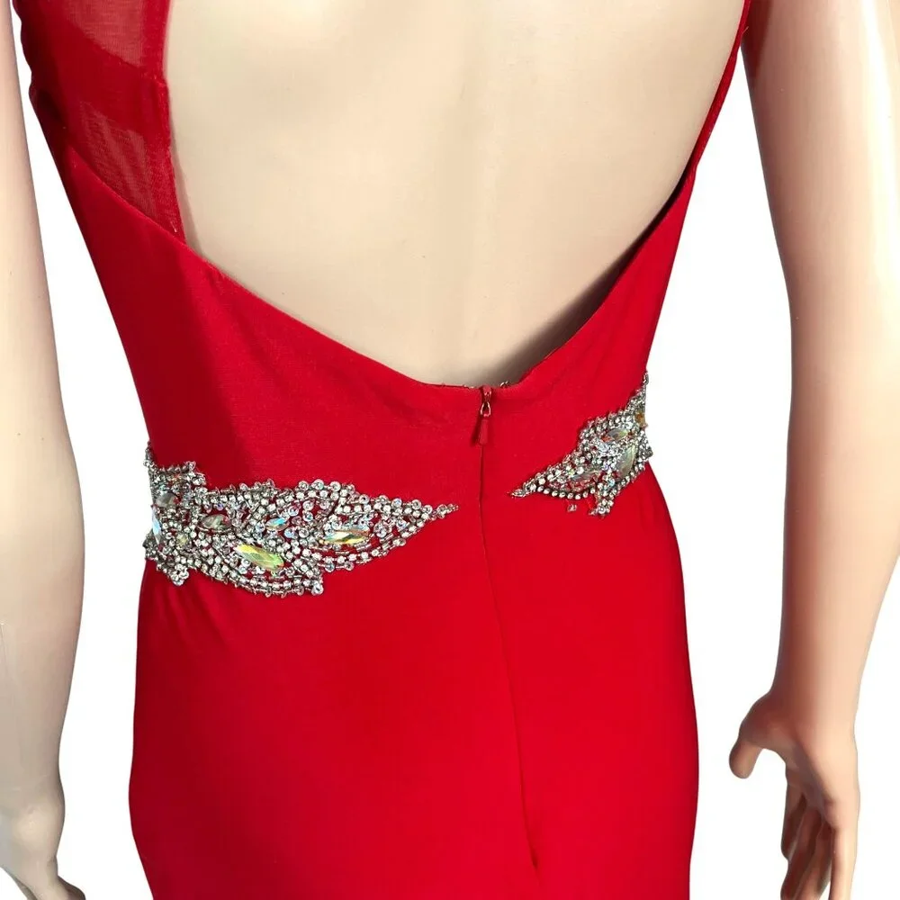 Splash Red Crystal Embellished Open Back Short Dress Sheer Top Cap Sleeves Sz 8 - Picture 5 of 6